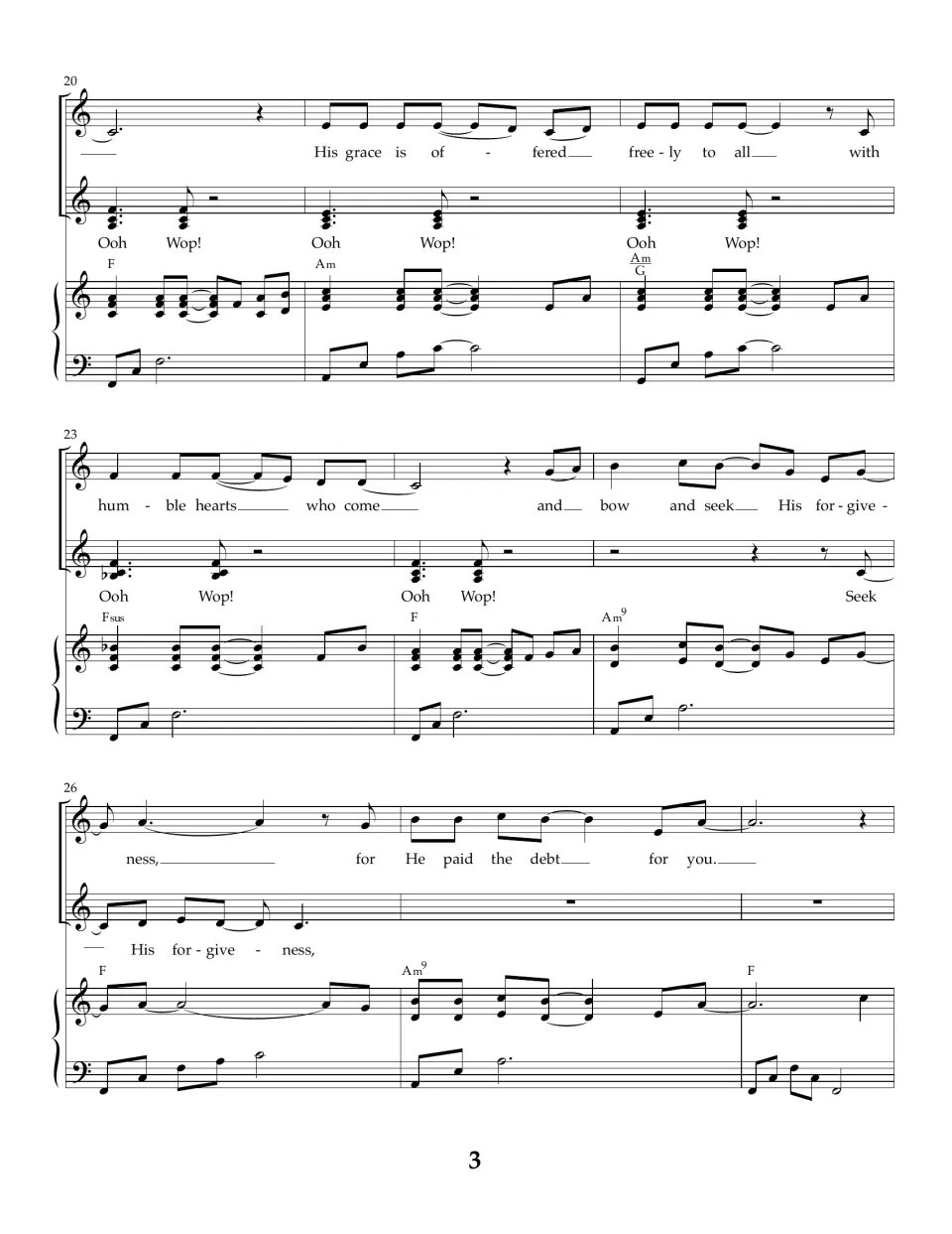 Song score, bars 20-28: lines on grace offered freely with Ooh, Wop! backing and an echoed 'His forgiveness' vocal line