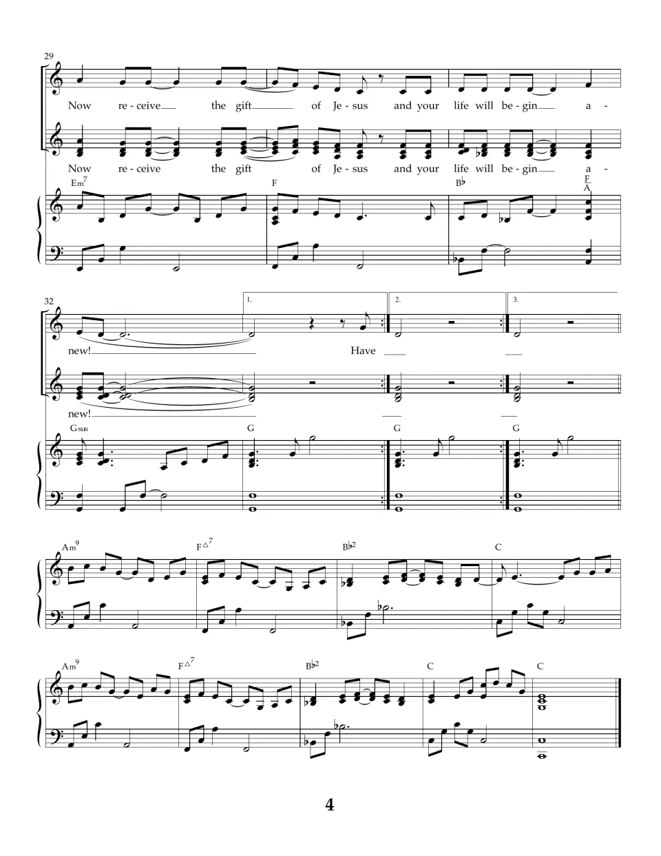Song score, bars 29 to end: melody and harmony on 'Now receive the gift of Jesus', three endings and the piano outro