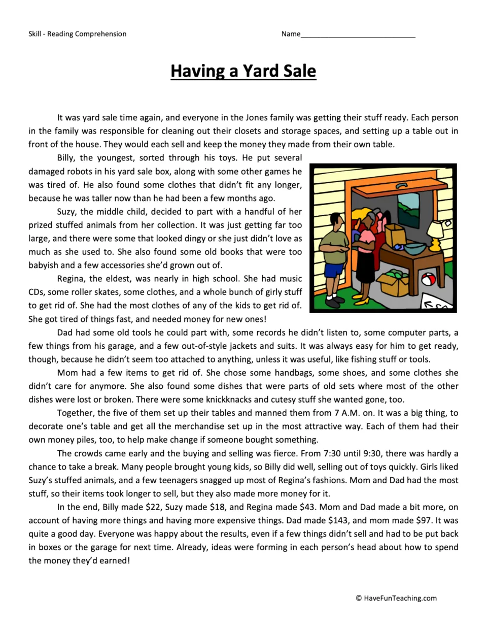 Reading passage about the Jones family's yard sale, what each person sells, and how much money each earns.