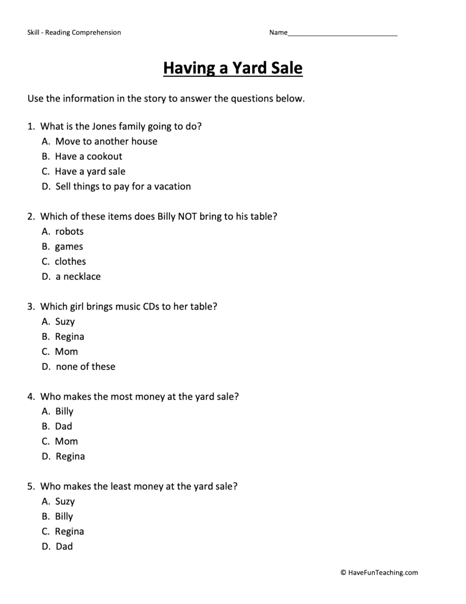Five multiple-choice questions about the family's yard sale, Billy's items, Regina's CDs, and earnings.