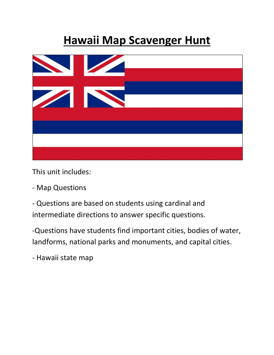 Cover of the Hawaii Map Scavenger Hunt packet, listing map questions and direction skills under a state flag.