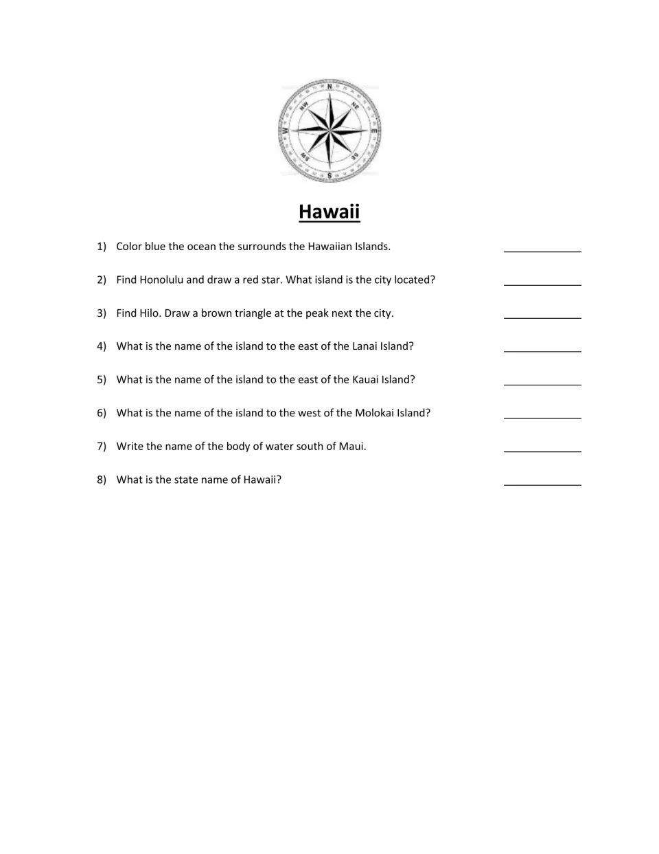 Eight map scavenger hunt questions on Honolulu, Hilo, island directions, ocean waters, and Hawaii's nickname.