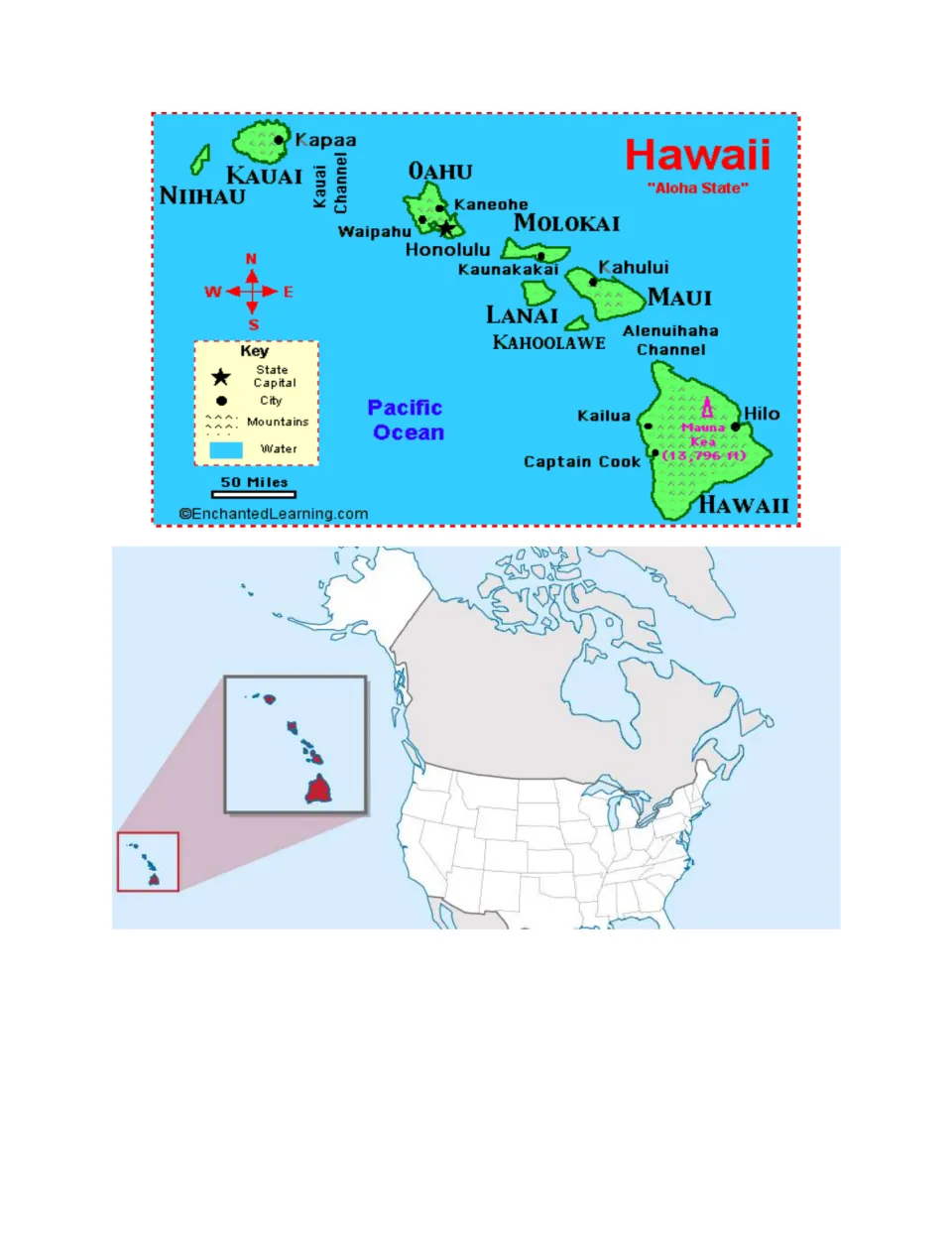 Reference maps for the eight questions: Hawaiian islands, cities, Mauna Kea, channels, and a U.S. locator.