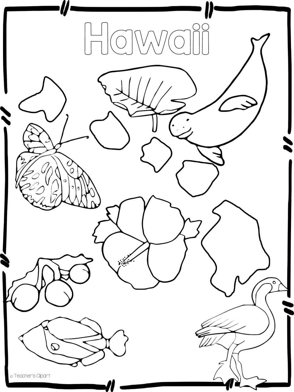 Hawaii state symbols clip art: black-and-white outlines of a hibiscus, butterfly, seal, bird, fish and island shapes