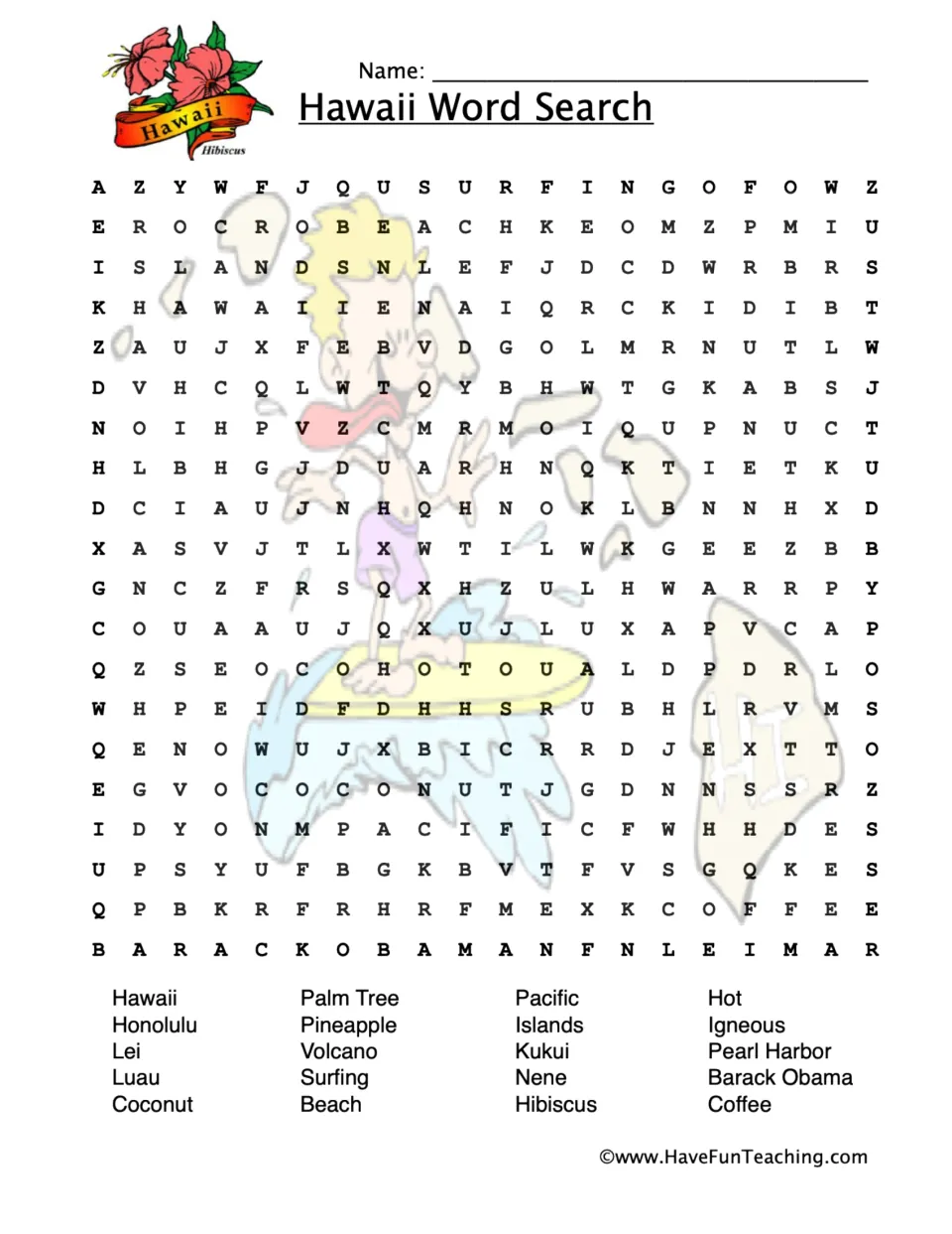 Hawaii word search: students find 20 words such as Honolulu, Luau, Volcano, Kukui, Nene, Pearl Harbor and Barack Obama