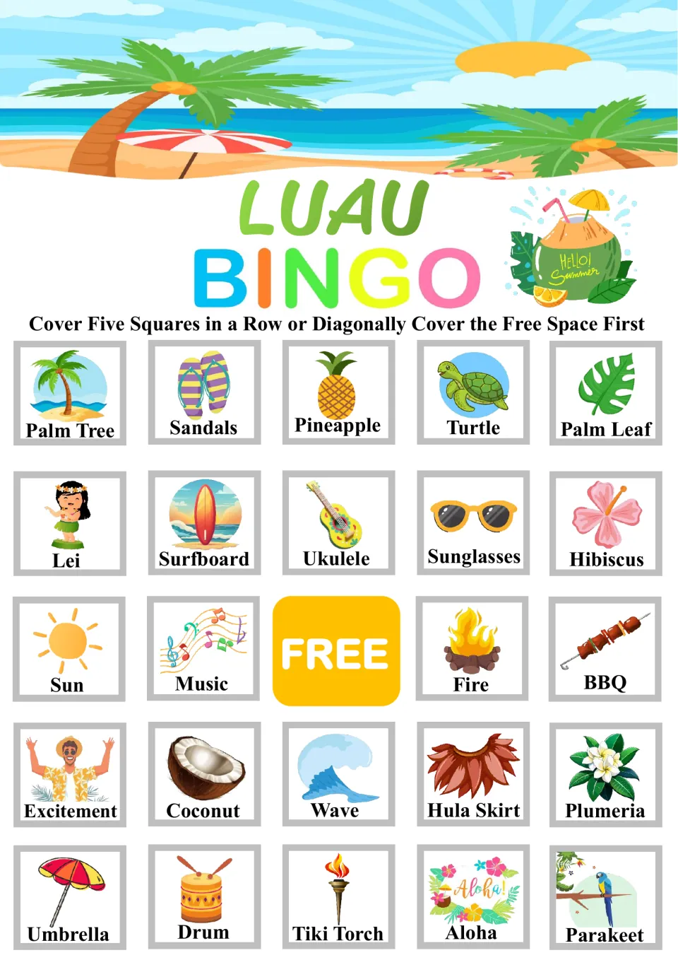 Luau Bingo picture board: students cover labeled squares such as Palm Tree, Sandals and Turtle to get five in a row