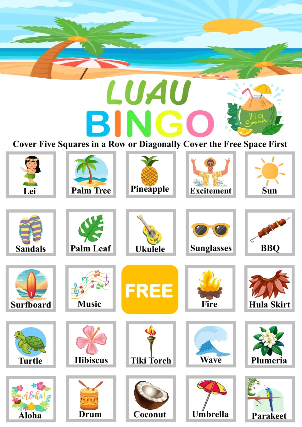 Luau Bingo board starting Lei, Palm Tree, Pineapple: players cover the FREE space first, then match called pictures