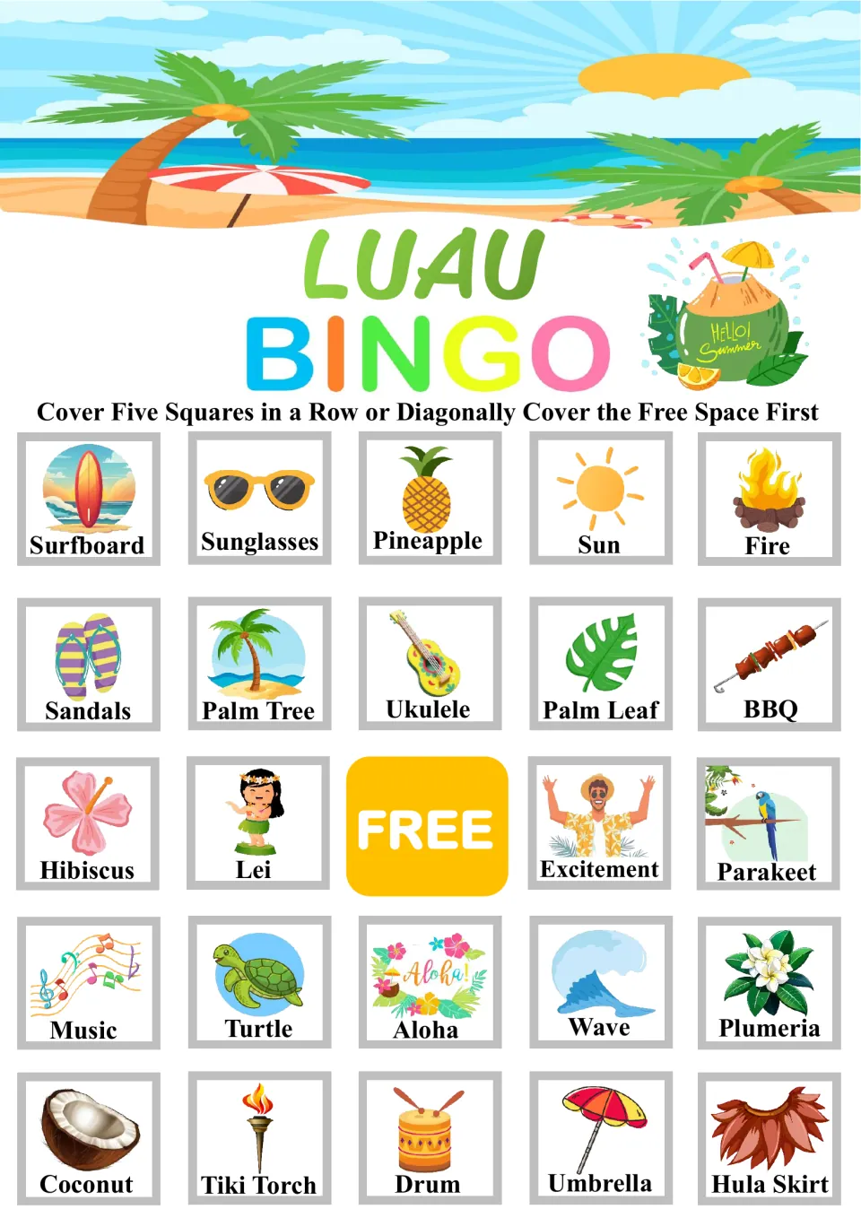 Luau Bingo board with Surfboard, Sunglasses and Fire on top: children mark each called island picture to fill a line
