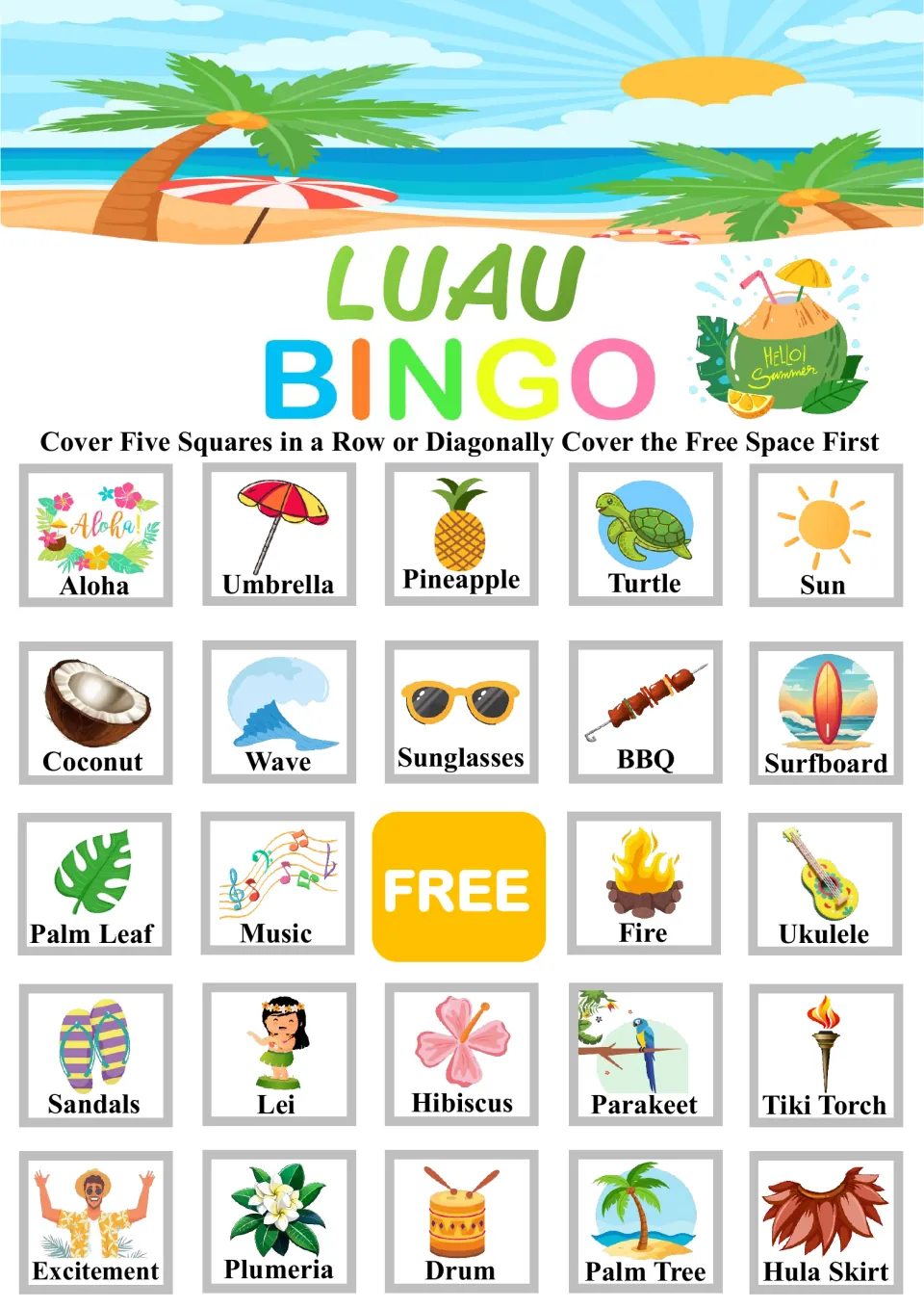 Luau Bingo board opening with Aloha, Umbrella and Turtle: players listen for picture words and cover five in a line