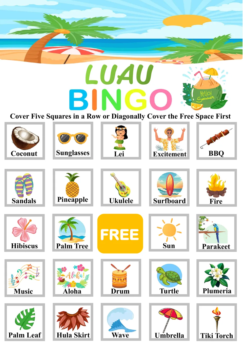 Luau Bingo board led by Coconut, Lei and BBQ: students find each called beach picture, such as Ukulele, and mark it