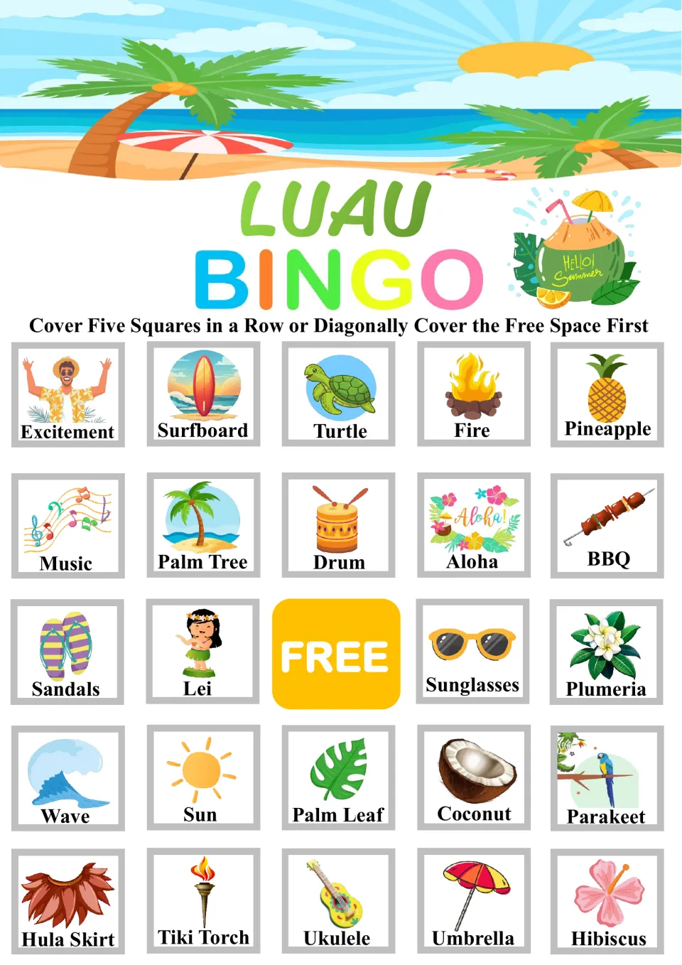 Luau Bingo board beginning Excitement, Surfboard, Turtle: players cover Hawaiian pictures like Hibiscus to win a row
