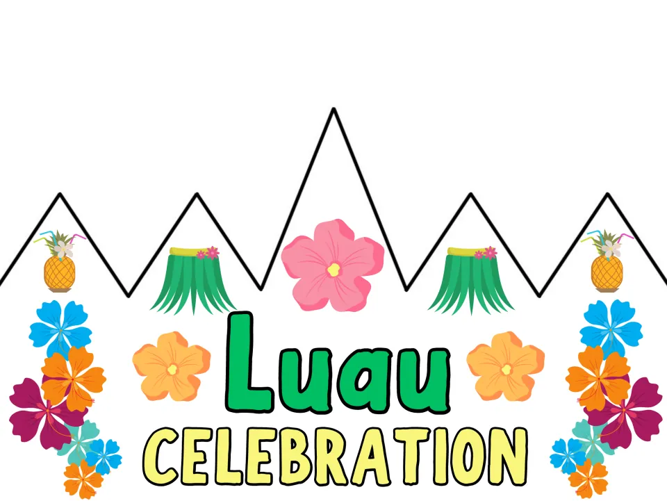 Full-color party crown front reading 'Luau Celebration', one of four wording options in the printable set
