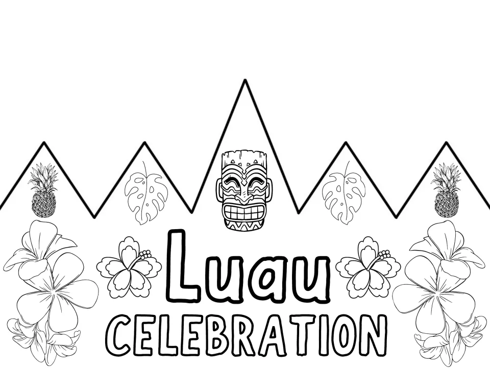 Black-and-white party crown front reading 'Luau Celebration', ready to color as part of the luau crown set