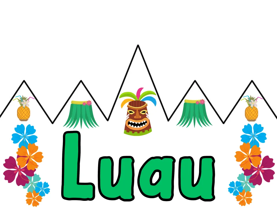 Full-color party crown front reading 'Luau' in green, the short wording option in the printable crown set