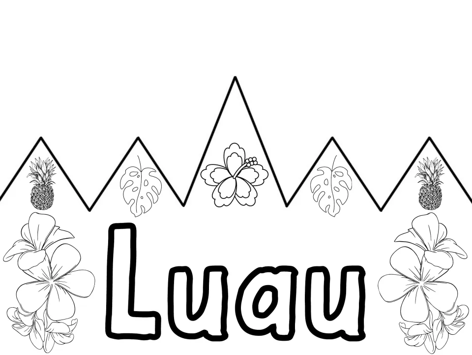 Black-and-white party crown front reading 'Luau', with outlined lettering to color for a luau celebration