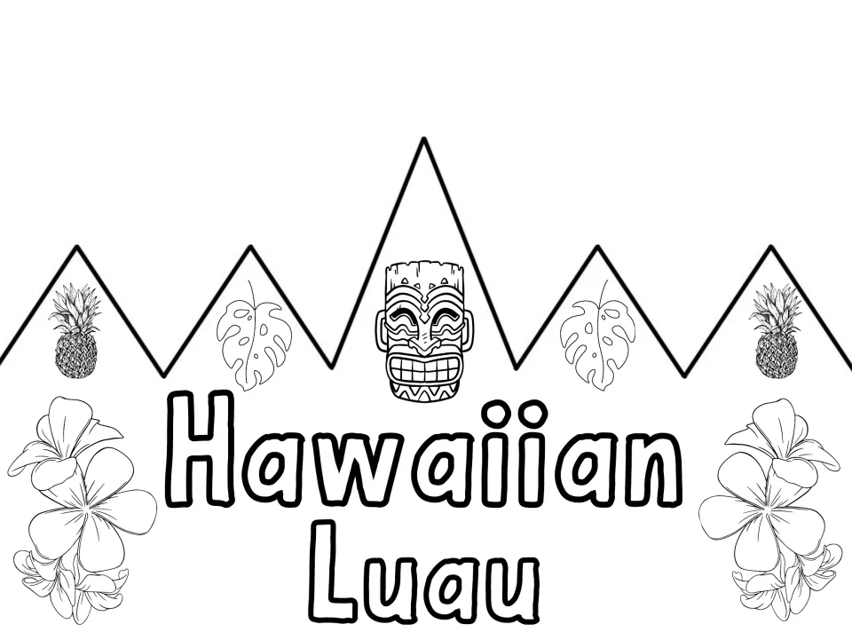 Black-and-white party crown front reading 'Hawaiian Luau', a coloring version of the two-word crown design