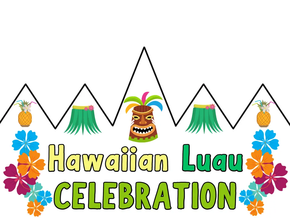 Full-color party crown front reading 'Hawaiian Luau Celebration', the longest wording option in the set