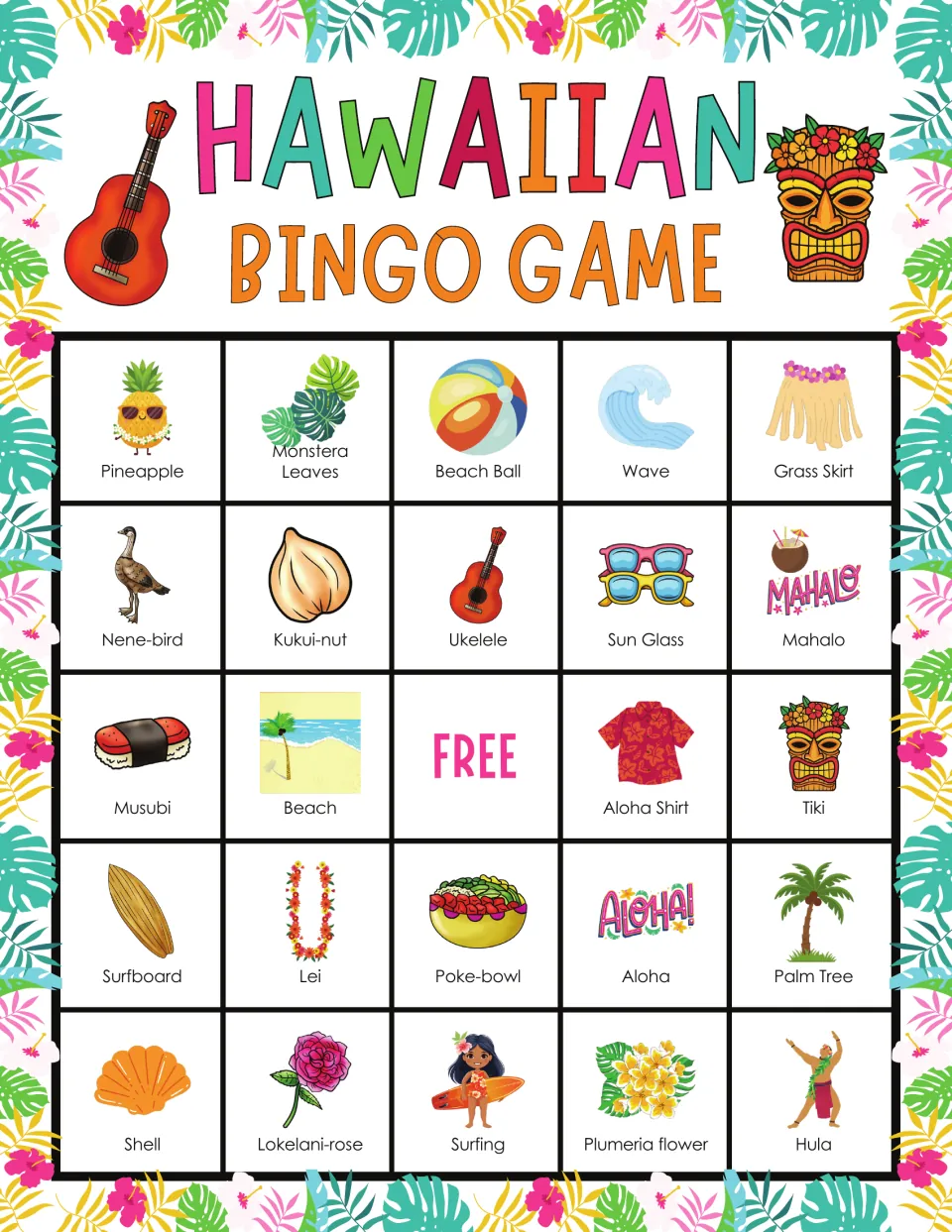 Bingo board 1 includes pineapple, monstera leaves, beach ball, wave, grass skirt, and a free center space.