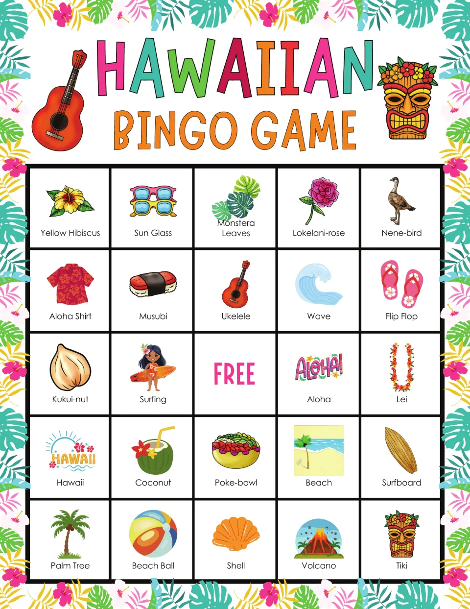 Bingo board 2 includes yellow hibiscus, sunglasses, monstera leaves, nene bird, and a free center space.