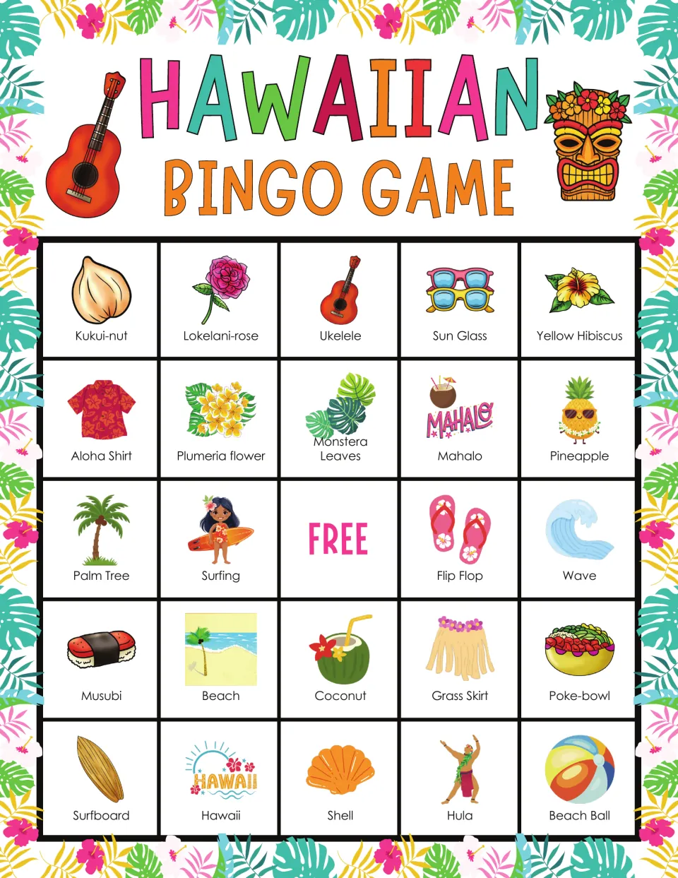 Bingo board 3 includes kukui nut, lokelani rose, ukulele, sunglasses, yellow hibiscus, and a free space.