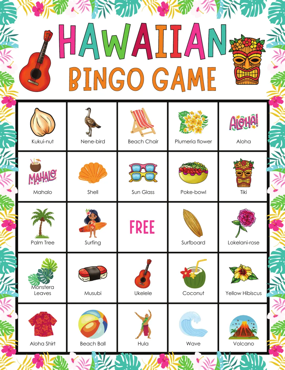 Bingo board 4 includes kukui nut, nene bird, beach chair, plumeria flower, aloha, and a free center space.