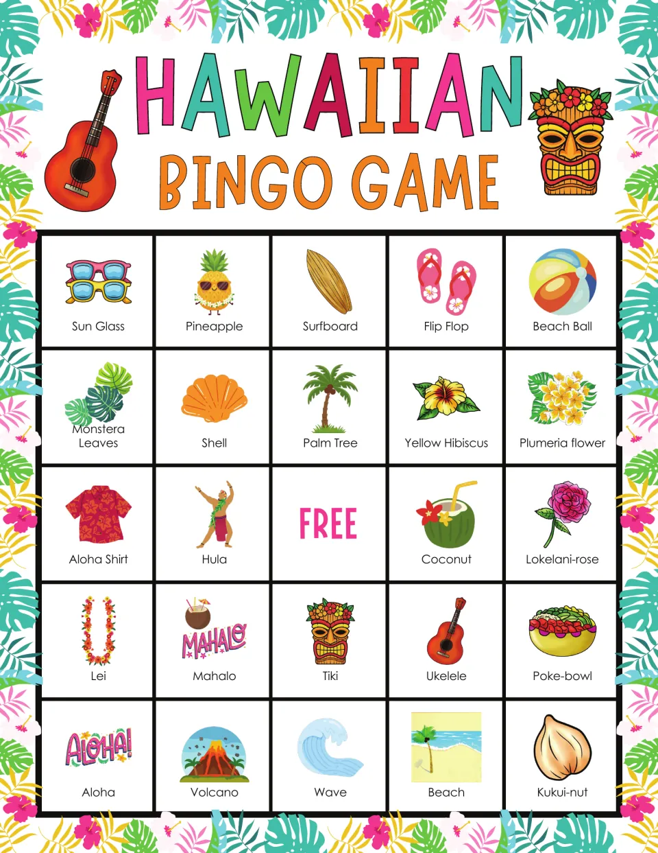 Bingo board 5 includes sunglasses, pineapple, surfboard, flip-flops, beach ball, and a free center space.