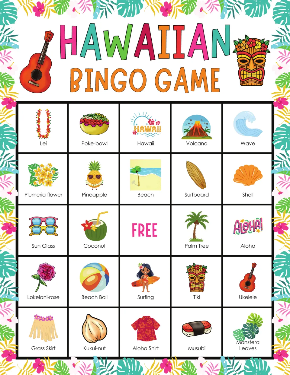 Bingo board 6 includes lei, poke bowl, Hawaii, volcano, wave, plumeria flower, and a free center space.