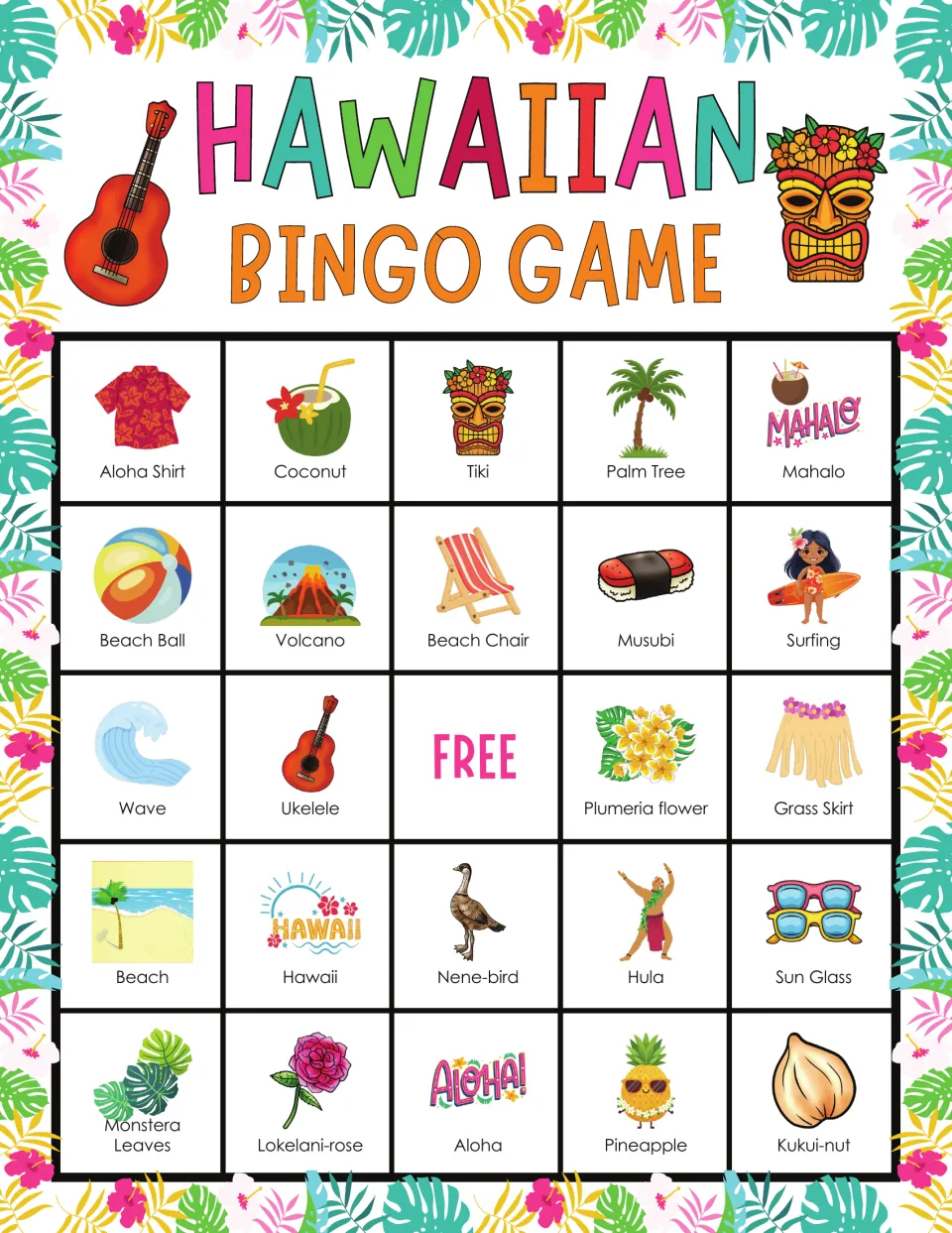 Bingo board 7 includes aloha shirt, coconut, tiki, palm tree, mahalo (thank you), and a free center space.