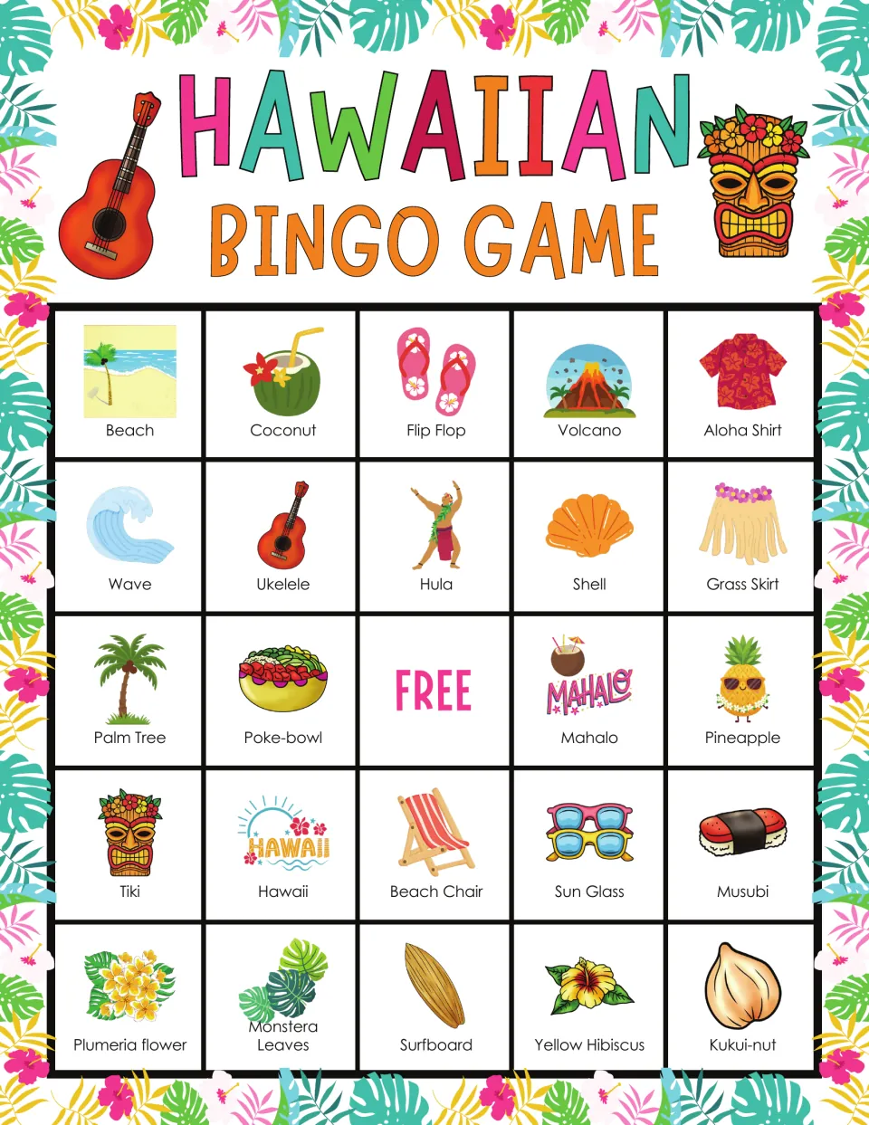Bingo board 8 includes beach, coconut, flip-flops, volcano, aloha shirt, hula, and a free center space.