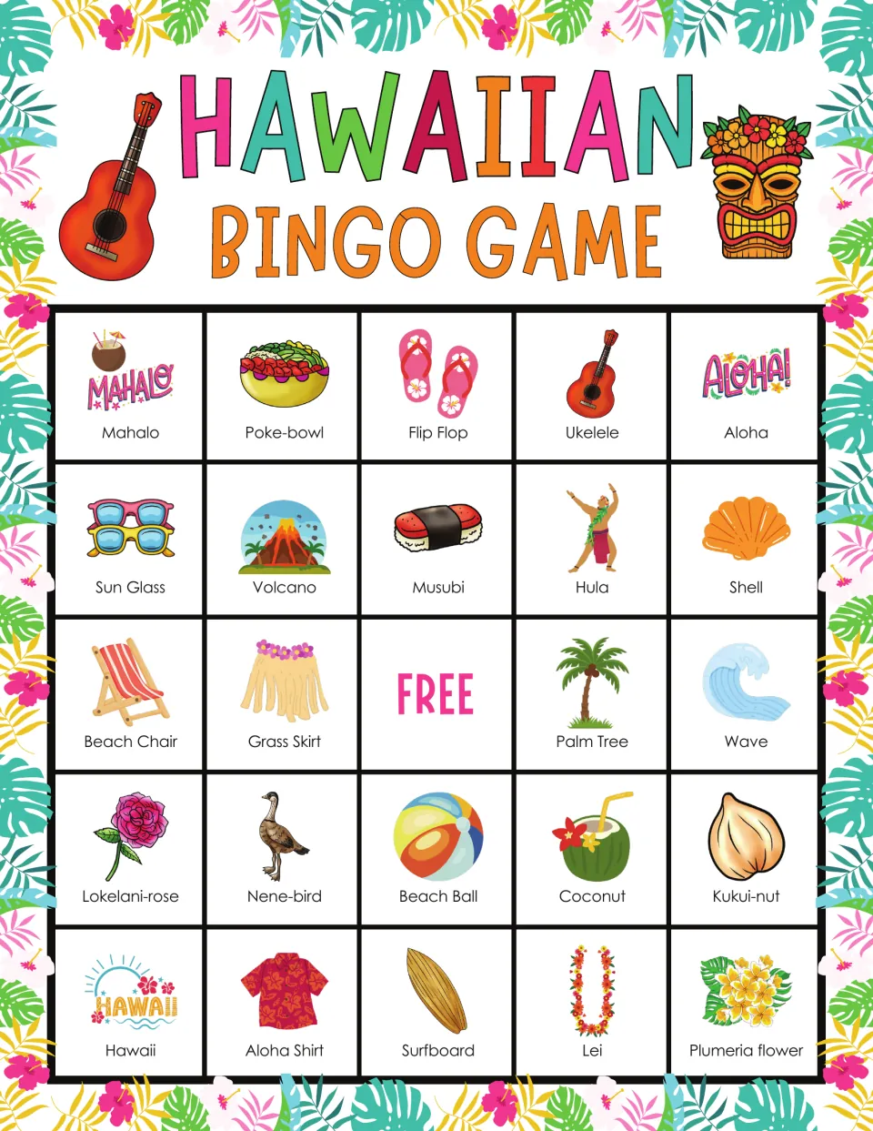 Bingo board 9 includes mahalo (thank you), poke bowl, flip-flops, ukulele, aloha, and a free center space.
