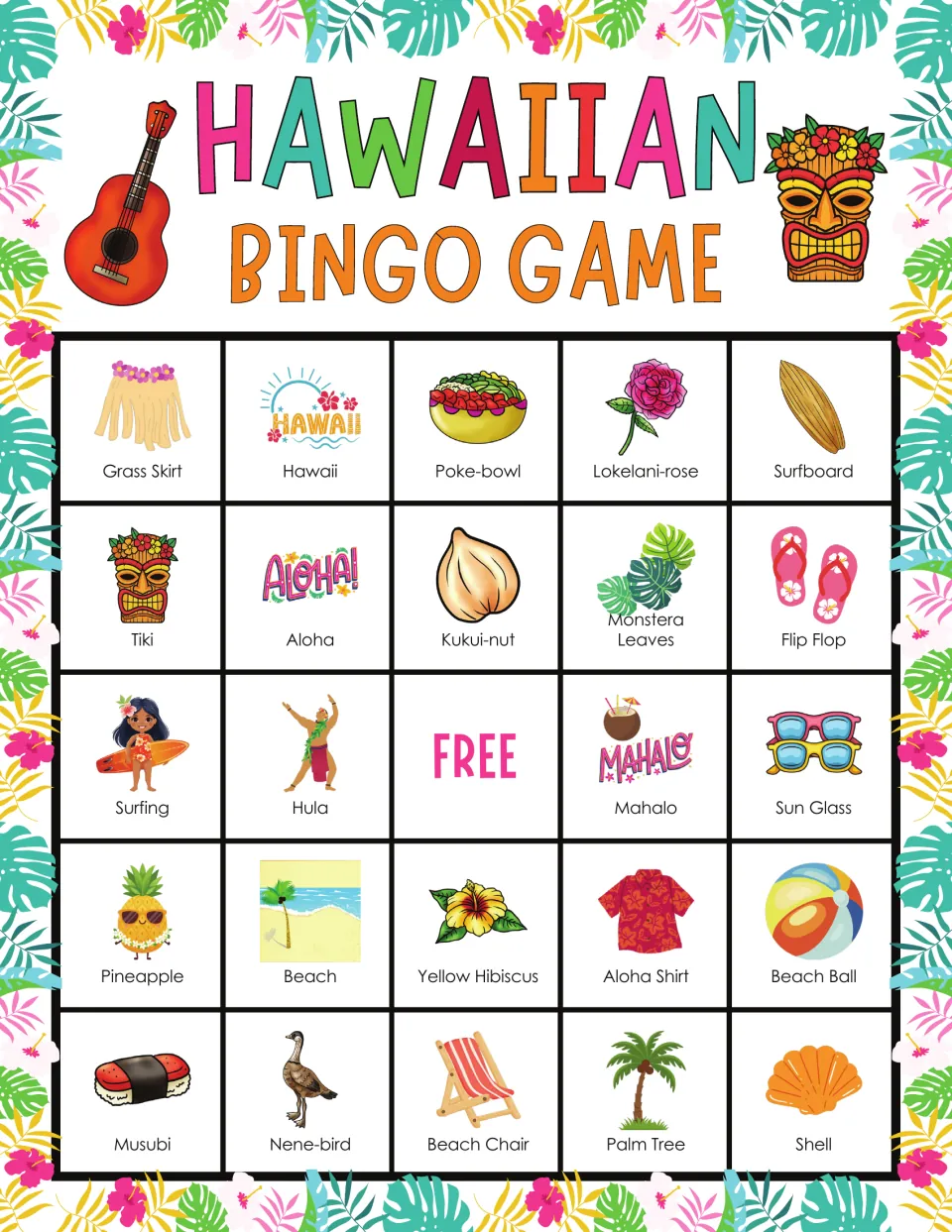Bingo board 10 includes grass skirt, Hawaii, poke bowl, lokelani rose, surfboard, and a free center space.