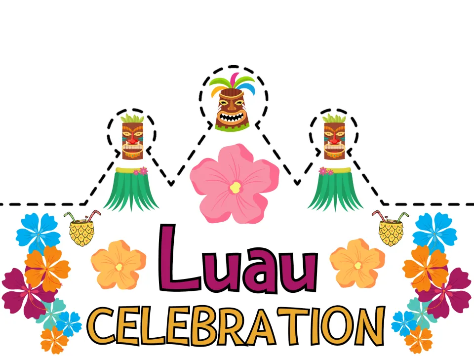 Luau Celebration crown in full color: students cut along the dashed line around tiki masks, grass skirts and hibiscus
