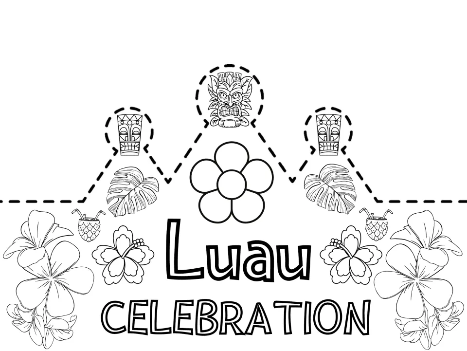 Luau Celebration crown outline to color: tiki masks, monstera leaves, pineapple drinks and flowers, then cut on dashed line