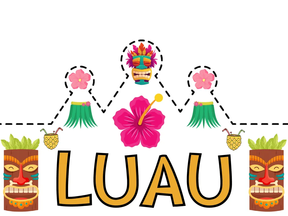 LUAU crown in color with a pink hibiscus, grass skirts and two large tiki totems; students cut out along the dashed peaks
