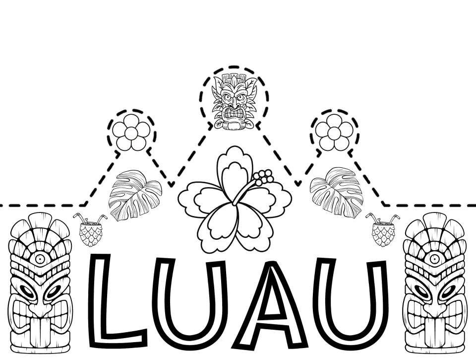 LUAU crown to color: outlined tiki totems, hibiscus, monstera leaves and small flowers for students to color and cut out