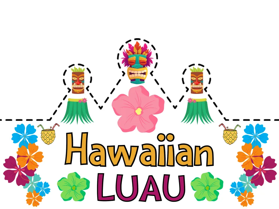Hawaiian LUAU crown in color with feathered tiki mask, grass skirts, pink and green flowers; students cut on the dashed line