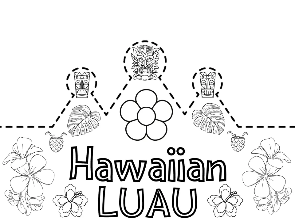 Hawaiian LUAU coloring crown: line-art tiki masks, plumeria, hibiscus and monstera leaves to color before cutting out
