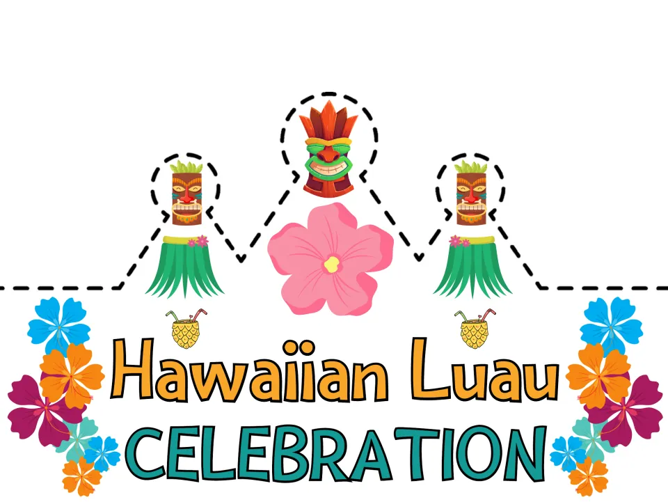 Hawaiian Luau Celebration crown in color with red tiki mask, grass skirts and bright hibiscus clusters to cut out and wear