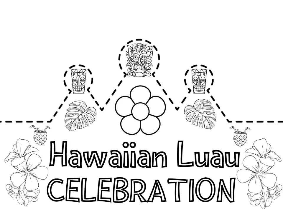 Hawaiian Luau Celebration crown to color: outlined tiki masks, leaves, pineapple drinks and flowers, cut along dashed peaks
