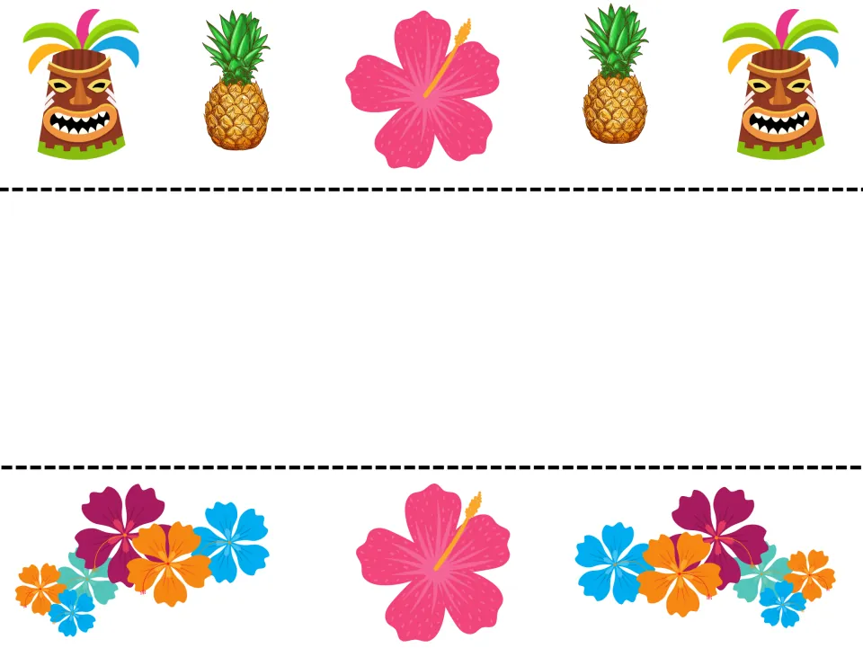 Luau headband strip cut-out pieces: a tiki, pineapple and hibiscus strip and a flower strip, cut apart on dashed lines