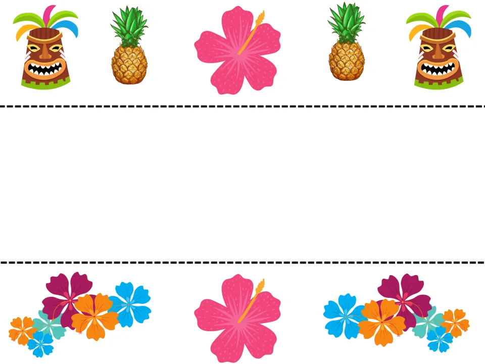 Second set of luau band cut-out pieces: tiki masks and pineapples on one strip, hibiscus clusters on the other, to cut apart
