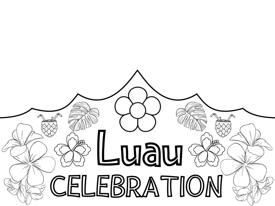 Black-and-white party crown front reading 'Luau Celebration', provided for students to color and assemble