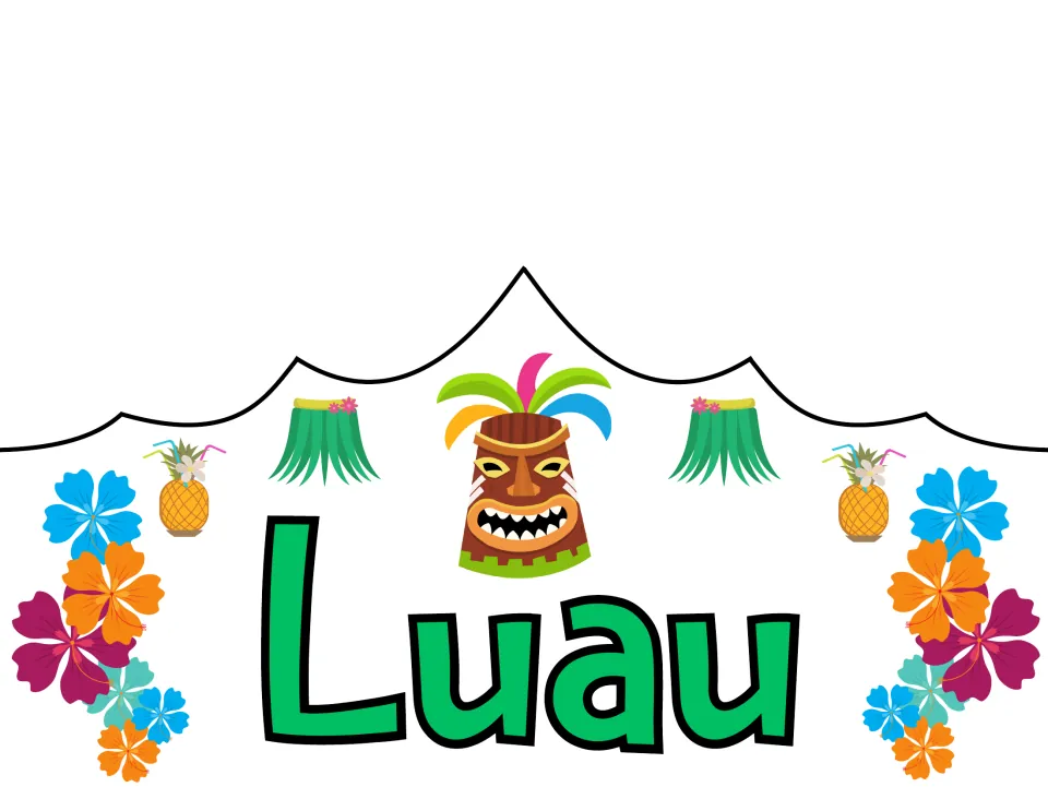 Full-color party crown front reading 'Luau', the second wording option in the printable celebration set
