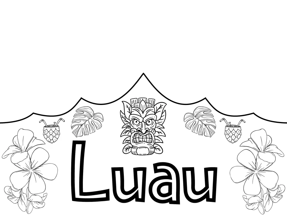 Black-and-white party crown front reading 'Luau', a colorable version of the set's single-word design
