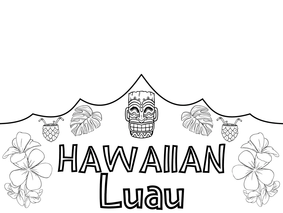 Black-and-white party crown front reading 'HAWAIIAN Luau', ready for students to color before assembly