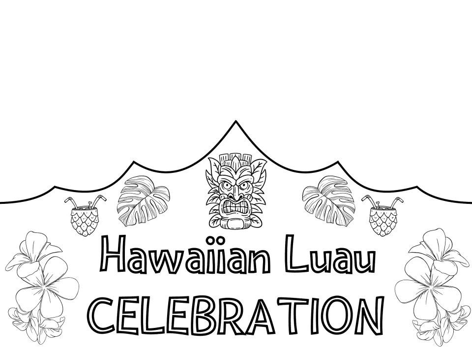 Black-and-white party crown front reading 'Hawaiian Luau Celebration', the last coloring design in the set