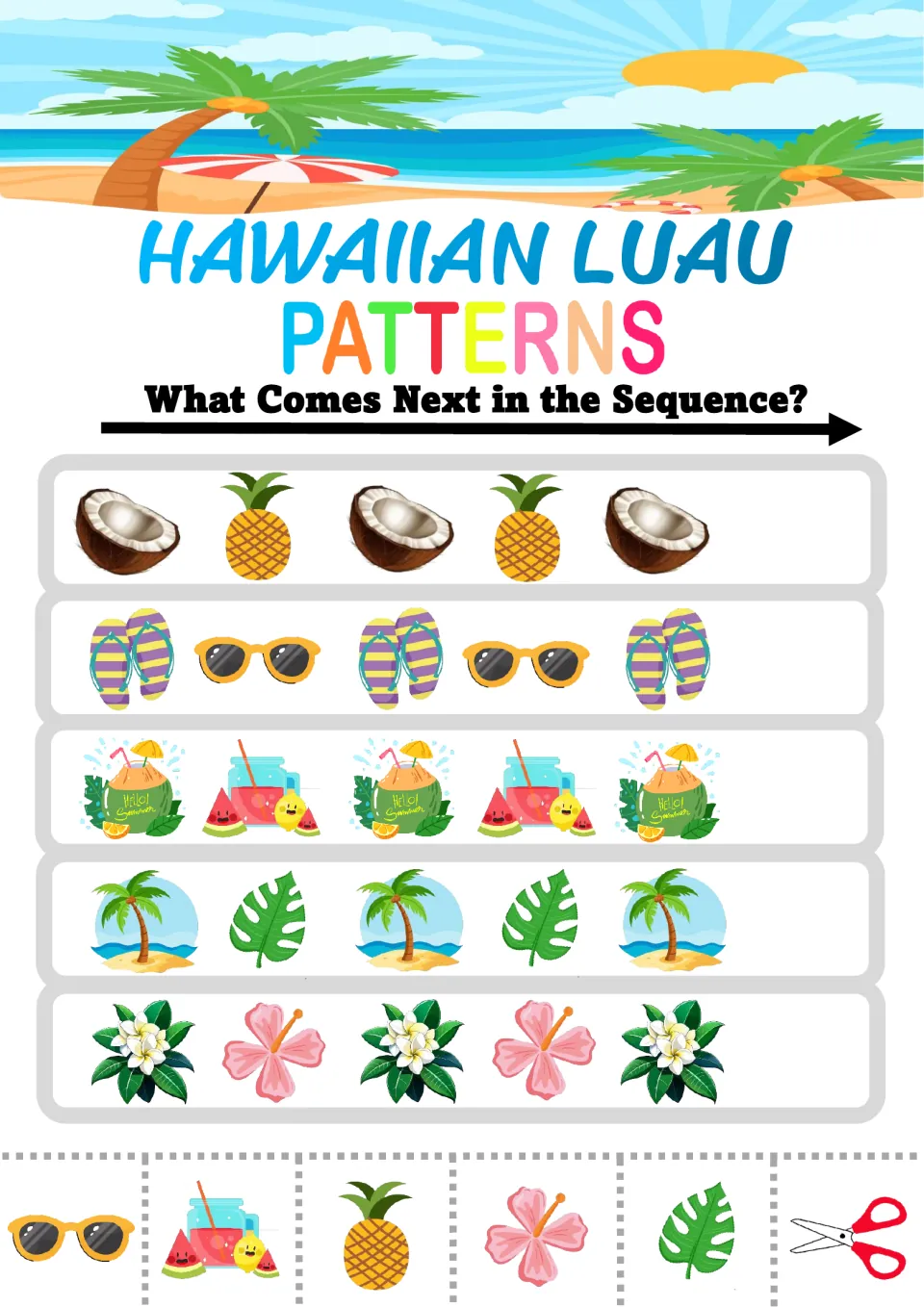 Luau AB patterns: students cut out tiles to finish rows of coconut-pineapple, flip-flop-sunglasses and flower sequences