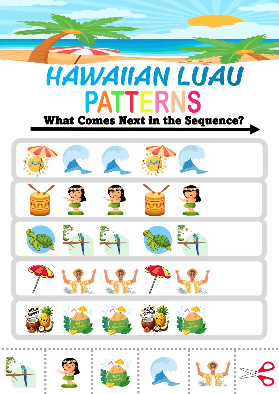 Luau ABB patterns: students cut and glue the next picture for sun-wave-wave, drum-hula dancer and turtle-parrot rows