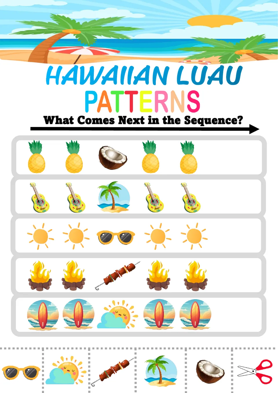 Luau AAB patterns: students finish pineapple, ukulele, sun, campfire and surfboard sequences with cut-out picture tiles