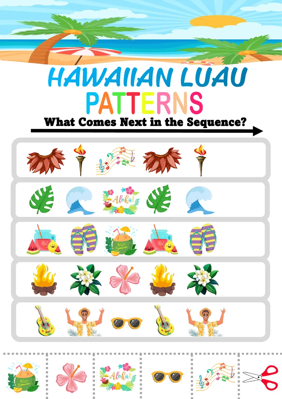 Luau ABC patterns: students extend three-part rows such as grass skirt, torch, music notes and leaf, wave, Aloha sign
